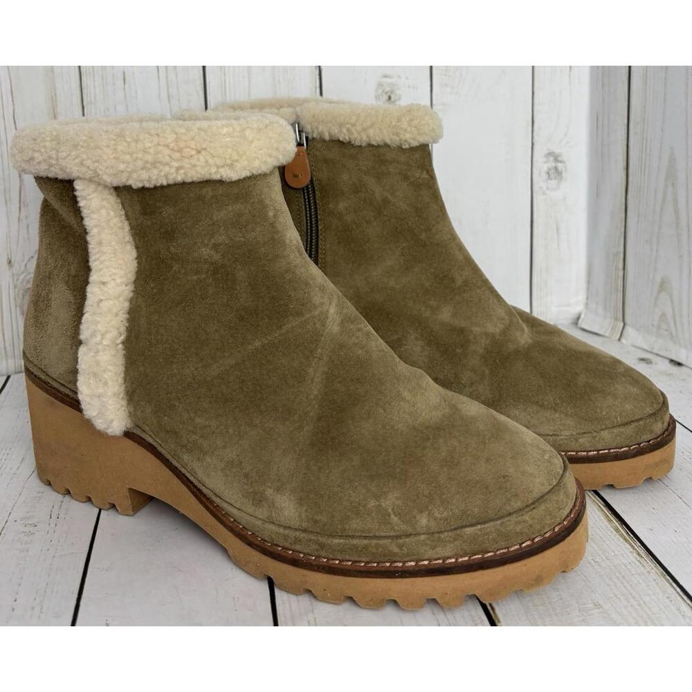 Gentle Souls Kenneth Cole Mona Bootie Cozy Olive Suede Shearling Wedge‎ Boots 10